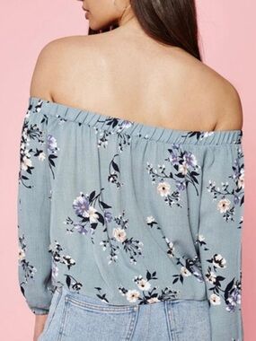 Kendall & Kylie Dusty Blue Floral Off-Shoulder Top